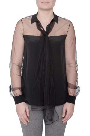 Jason Wu Black Silk Sheer Tulle Trim Bow Tie Concealed Button Front Shirt S