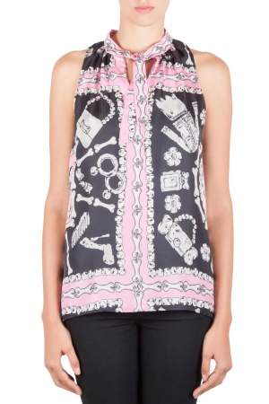 Moschino Cheap and Chic Pink and Black Silk Flinstone Print Detail Top M 