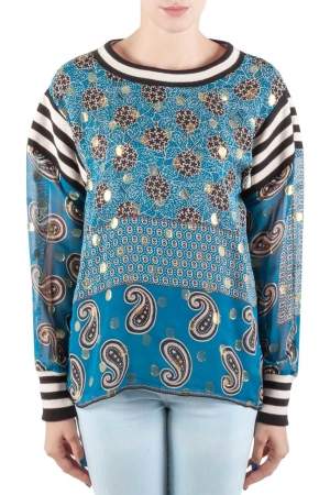 Anna Sui Teal Blue Bouquet Scarf Print Silk Ribbed Trim Tunic Top M