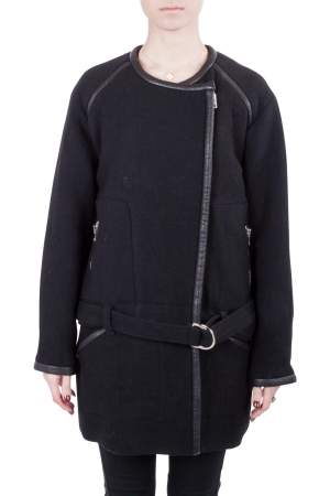 IRO Black Wool and Leather Trimmed Belted Marily Coat M 