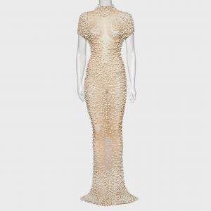 Yousef Al Jasmi Cream Pearl Embellished Tulle Evening Dress S
