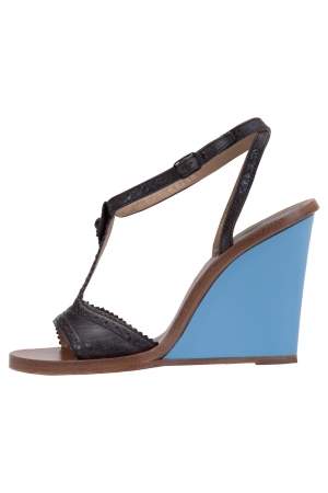 Balenciaga Grey Leather Brogue Ankle Strap Wedge Sandals Size 37.5