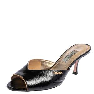 Pre Owned Prada Black Saffiano Patent Leather Mule Sandals Size 37.5