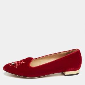  Charlotte Olympia Red Velvet  Embroidered Accent Loafers Size 37.5