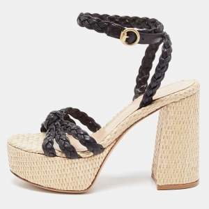 Pre Owned Gianvito Rossi Dark Brown Woven Leather and Raffia Ankle Strap Sandals Size 40