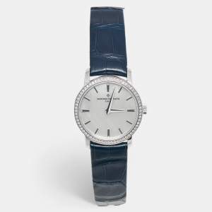 Pre Owned Vacheron Constantin Tradionnelle 25558/000G-B White Mother Of Pearl Dial Diamond 18K White Gold Alligator Leather Women's Wristwatch 30 mm