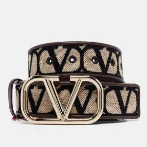 Valentino Brown/Beige Iconographe Canvas and Leather VLogo Reversible Belt 75CM