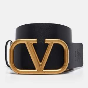 Pre Owned Valentino Gold/Black Patent and Leather VLogo Reversible Belt 80CM