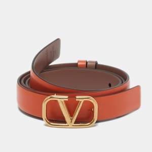 Valentino Orange/Beige Leather Vlogo Slim Buckle Belt 80CM