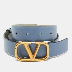Valentino Blue/Grey Leather VLogo Reversible Waist Belt Size 75 CM