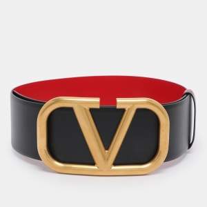 مملوكة مسبقًا Valentino Black/Red Leather VLogo Wide Waist Belt 70CM