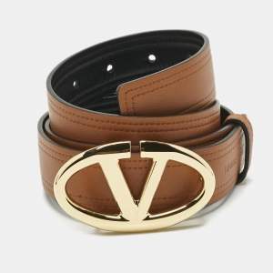 Pre Owned Valentino Brown/Black Leather VLogo Buckle Reversible Belt 75 CM
