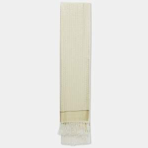 Pre Owned Valentino Gold Monogram Lurex Jacquard Fringed Scarf 