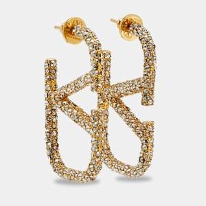 Pre Owned Valentino VLogo Crystals Gold Tone Earrings