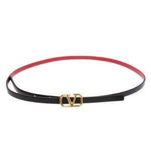 Pre Owned Valentino Black/Red Leather Reversible Narrow V Logo Belt 70CM