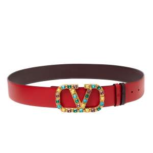 Pre Owned Valentino Red/Burgundy Leather VLOGO Jewel Embellished Buckle Reversible Belt 90CM