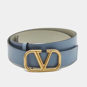 Pre Owned Valentino Blue/Grey Leather VLogo Reversible Buckle Belt 80CM