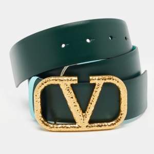 Pre Owned Valentino Blue/Green Leather VLogo Reversible Buckle Belt 70CM
