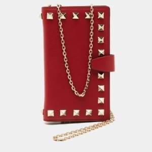 Valentino Red Leather Rockstud Chain Phone Case