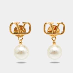 Valentino VLogo Signature Faux Pearl Gold Tone Drop Earrings