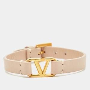 Pre Owned Valentino VLogo Leather Gold Tone Bracelet