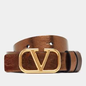 Pre Owned Valentino Metallic/Brown Leather Reversible Narrow V Logo Belt 85CM