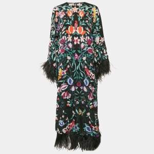Valentino Black Garden Print Silk Feather Trimmed Crepe De Chine Long Dress M