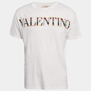 Pre Owned Valentino White Logo Sequin Detail  Jersey T-Shirt M