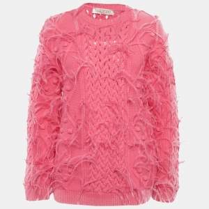Pre Owned Valentino Pink Open Knit Wool Feather Trim Sweater M