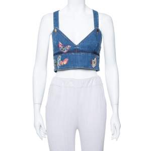 Pre Owned Valentino Navy Blue Denim Butterfly Embroidered Dungaree Crop Top M