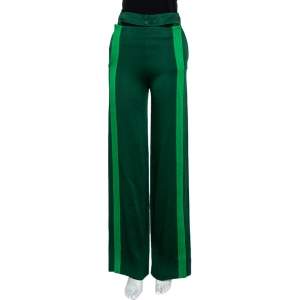 Valentino Green Satin Jersey Contrast Detail Wide Leg Pants S