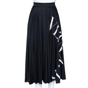 Pre Owned Valentino Black Logo printed Pleated Crepe Midi Skirt M