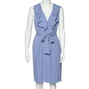 Valentino Blue Silk Ruffled Neck Detail Belted Wrap Midi Dress L 