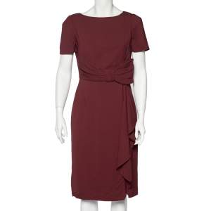 Pre Owned Valentino Burgundy Crepe Gathered Bow Detail Midi Dress M