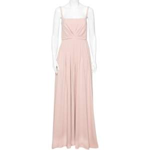 Pre Owned Valentino Beige Silk Pleated Sleeveless Maxi Dress M