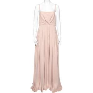 Pre Owned Valentino Beige Silk Pleated Sleeveless Maxi Dress M