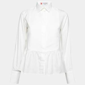Pre Owned Valentino White Cotton Texture Paneled Button Front Peplum Shirt M