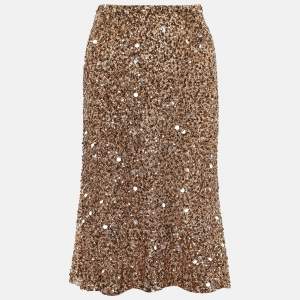 Pre Owned Valentino Metallic Gold Sequin Knee Length Skirt M