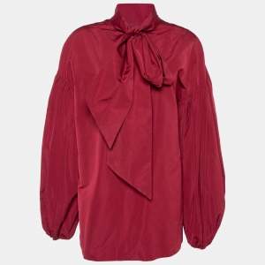Pre Owned Valentino Burgundy Cotton Taffeta Neck Tie Detail Top L