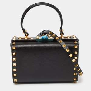 Pre Owned Valentino Black Leather Rockstud Alcove Box Top Handle Bag