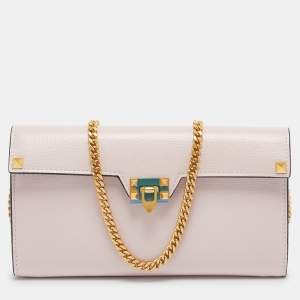 Valentino Light Pink Leather Rockstud Flap Wallet on Chain