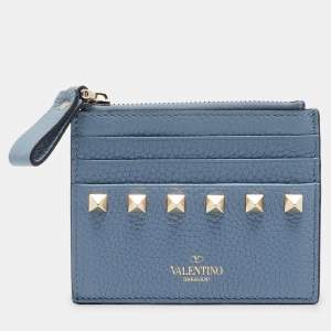 Pre Owned Valentino Blue Leather Rockstud Zip Card Holder