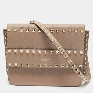 Pre Owned Valentino Beige Leather Rockstud Flap Crossbody Bag