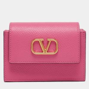 Pre Owned Valentino Pink Leather VLogo Gusset Card Case