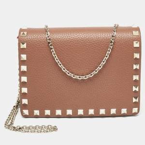 Pre Owned Valentino Brown Leather Rockstud Wallet On Chain