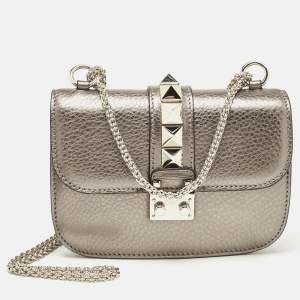 Pre Owned Valentino Metallic Leather Small Rockstud Glam Lock Flap Bag