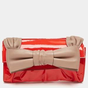 Pre Owned Valentino Orange/Beige Patent  and Leather Aphrodite Bow Clutch