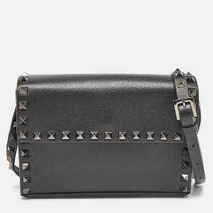 Valentino Black Leather Rockstud Flap Crossbody Bag