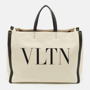 Valentino Off-White/Black Canvas Large VLTN Logo Tote