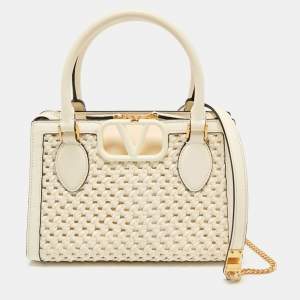 Valentino White Leather Woven VSling Small Double Handle Bag